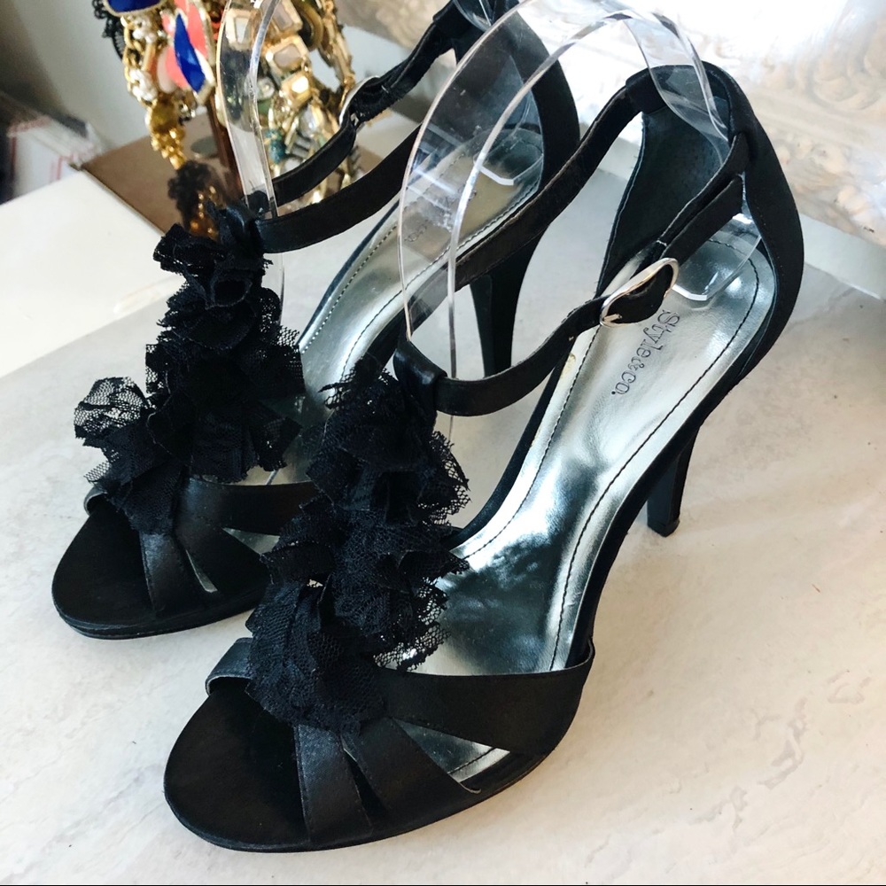 Style & Co. Sydney lace ruffle T-strap satin heels